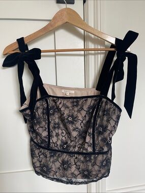 Baevely light pink and Black Lace Overlay velvet Tie-Strap Bustier Top +side zip
